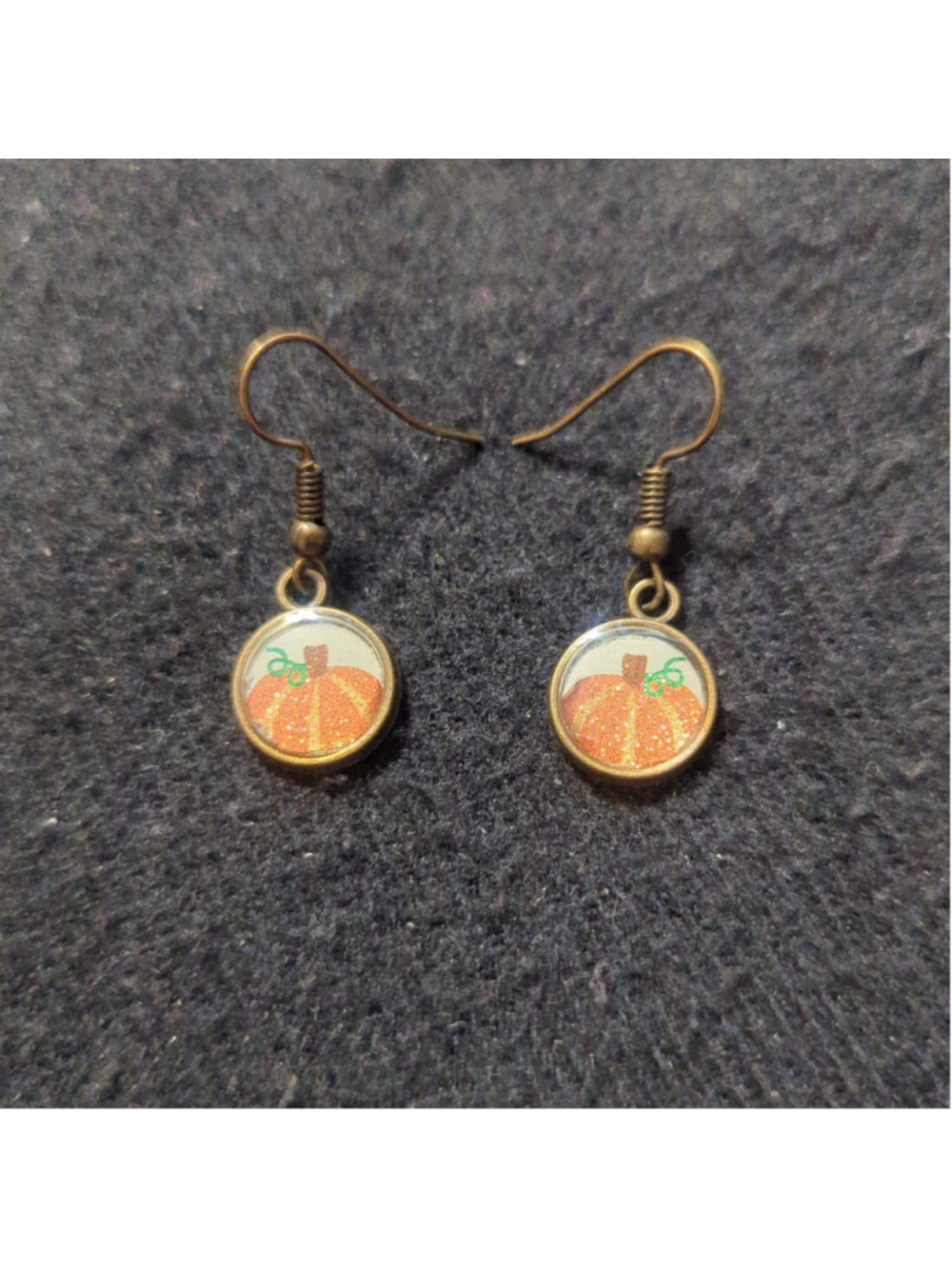 Bronze Tone White and Orange Glitter Pumpkin Dainty Drop Statement Earrings - Picture 1 of 3